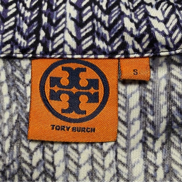 Tory Burch 100% silk belted shirt dress gold logo cuff buttons blue ivory small - Picture 11 of 15